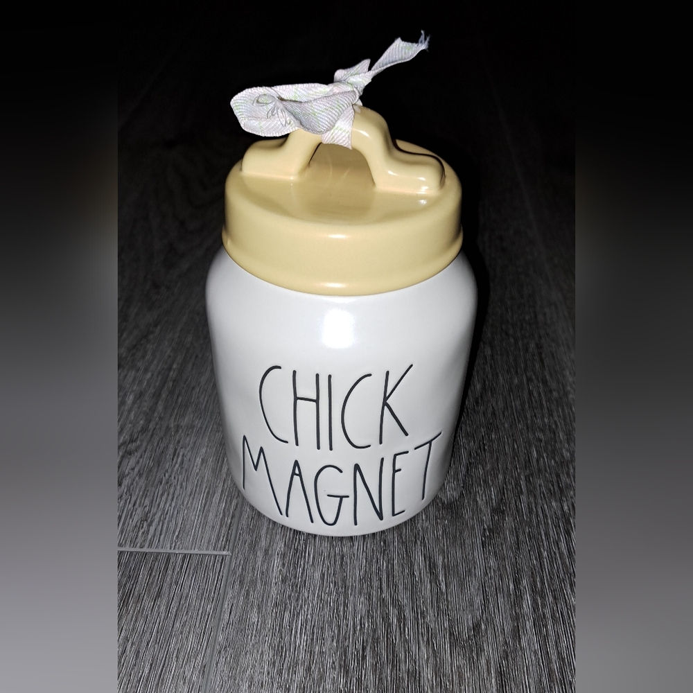 Rae and Dunn chick magnet canister, about 5 inches tall